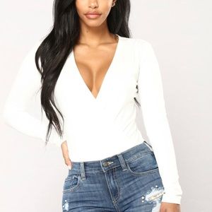 Fashion Nova “Not Ashamed” white surplice bodysuit